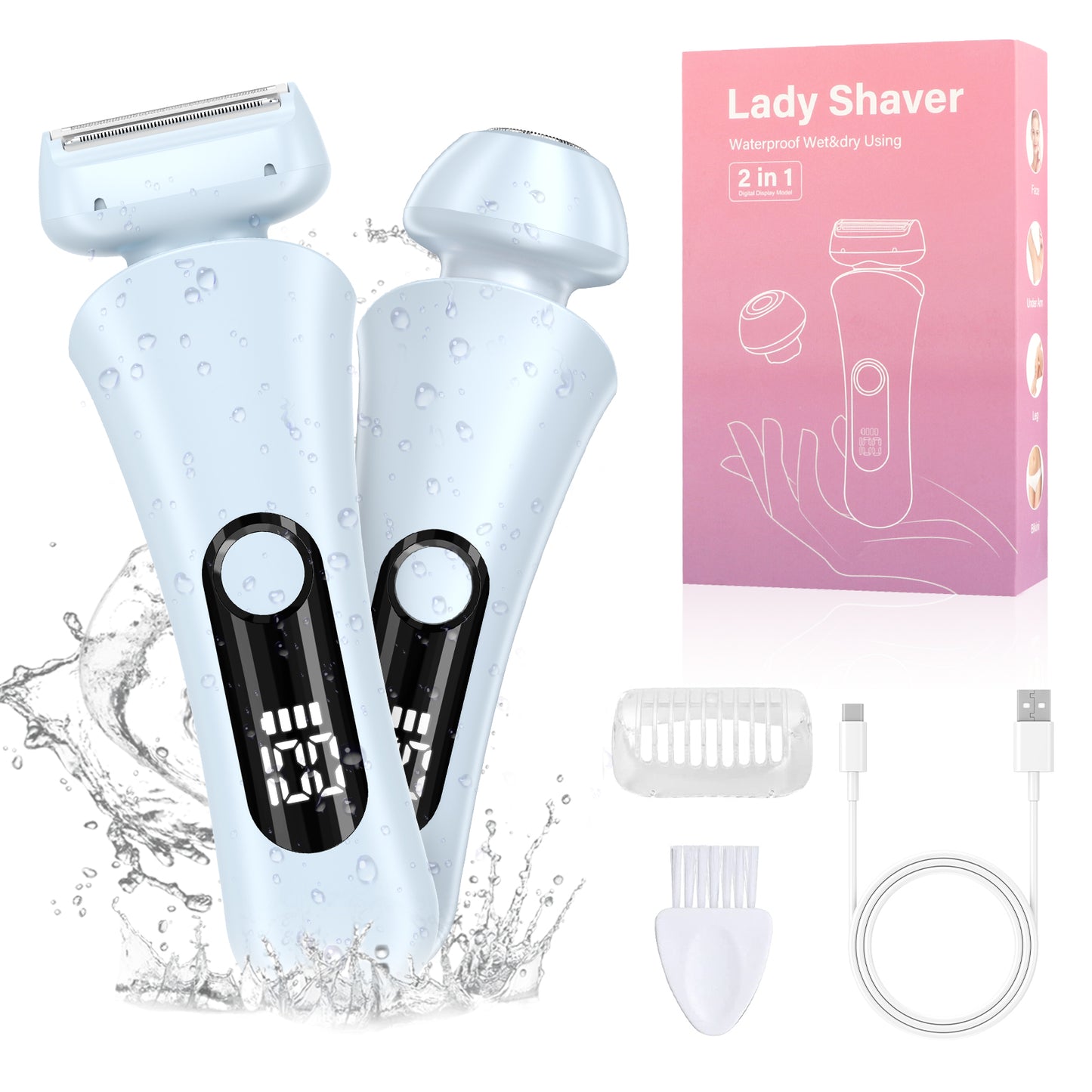 Electric Razors Shaver for Women for Legs, 2 in 1 Bikini Trimmer With Stand for Women Underarm Pubic Hairs, Rechargeable & IPX7 Waterproof Womens Shaver Cordless with Detachable Head, Wet Dry Use(Pink)