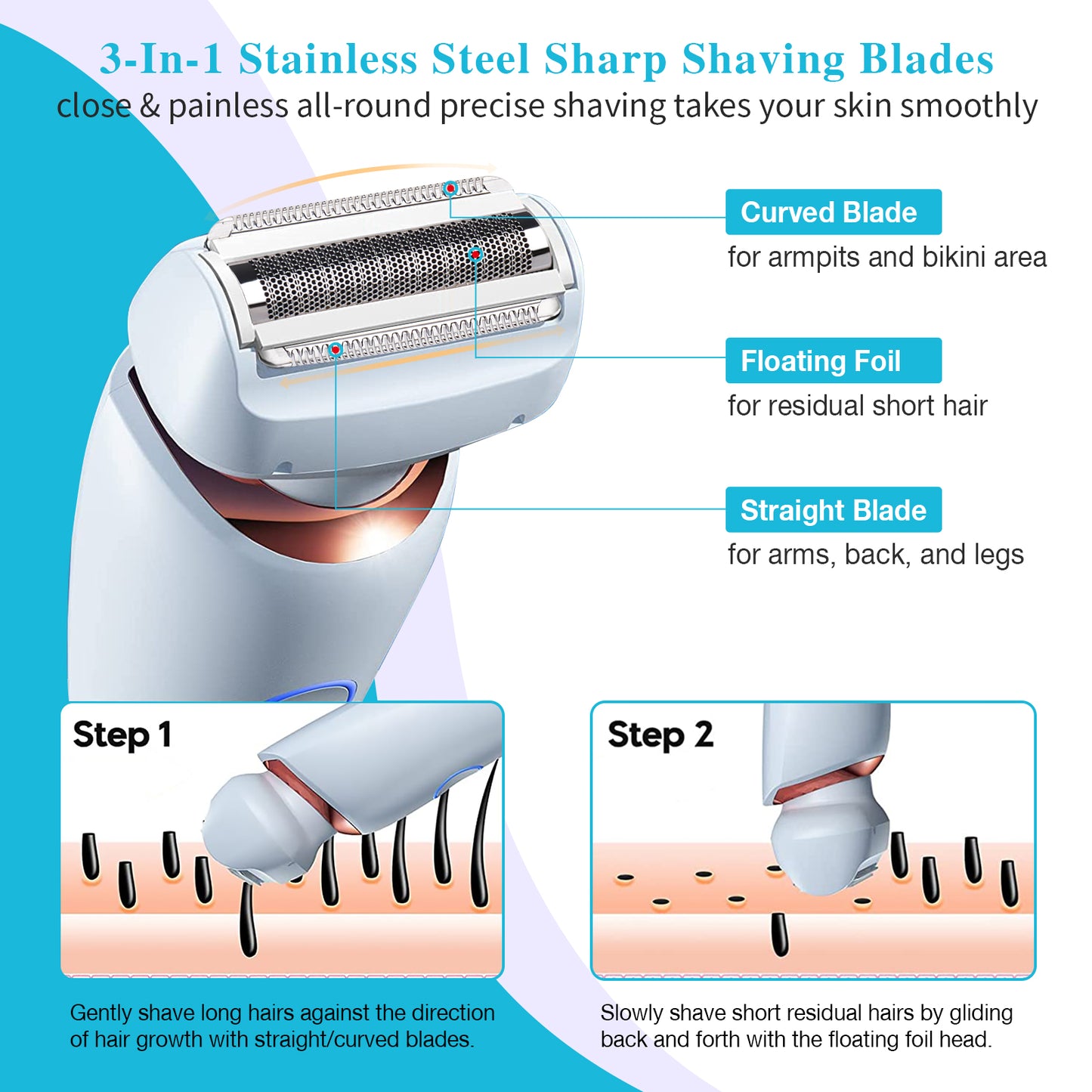 Electric Razors for Women for Legs, 2 in 1 Womens Electric Shaver Razor Wet Dry Use for Arm Face Pubic Area, IPX7 Waterproof Cordless Hair Remover Bikini Trimmer with Detachable Head