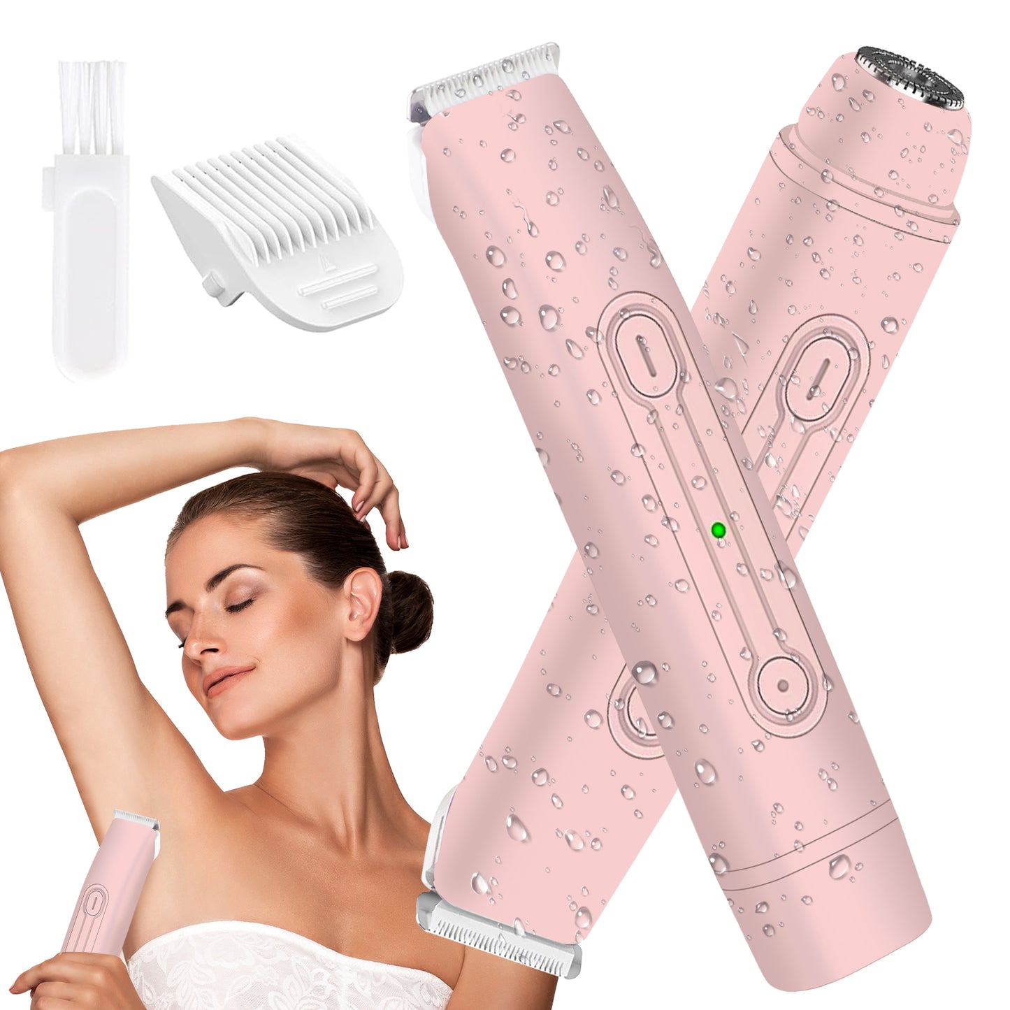 Bikini Trimmer for Women,Electric Shaver with 2 in 1 Dual Head for Pubic Hair, Womens Razor for Bikini Underarm Legs Body Face, USB Rechargeable, Easy Cleaning Waterproof Wet & Dry (Pink)