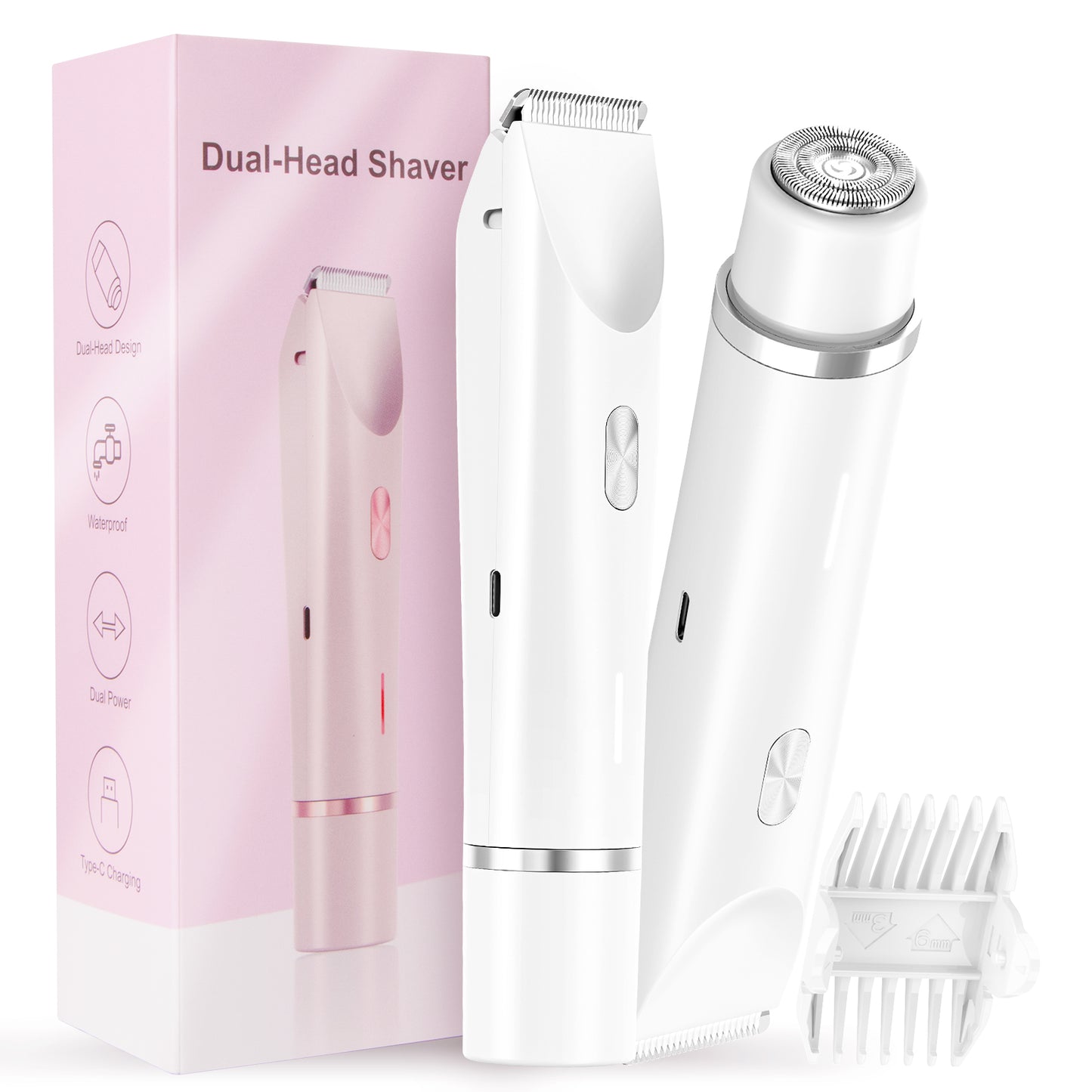 Bikini Trimmer for Women, Dual-Head Women's Electric Shaver with Ceramic Blades, 2-in-1 Electric Razors for Women's Pubic Hair, Legs/Arms/Underarms/Face, IPX7 Waterproof Wet & Dry Use