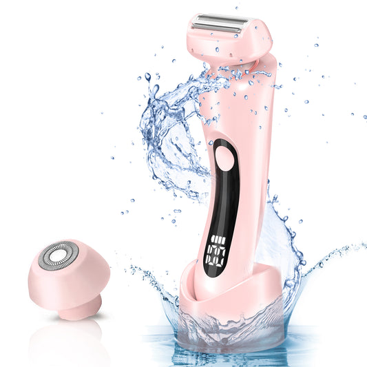 Electric Razors Shaver for Women for Legs, 2 in 1 Bikini Trimmer With Stand for Women Underarm Pubic Hairs, Rechargeable & IPX7 Waterproof Womens Shaver Cordless with Detachable Head, Wet Dry Use