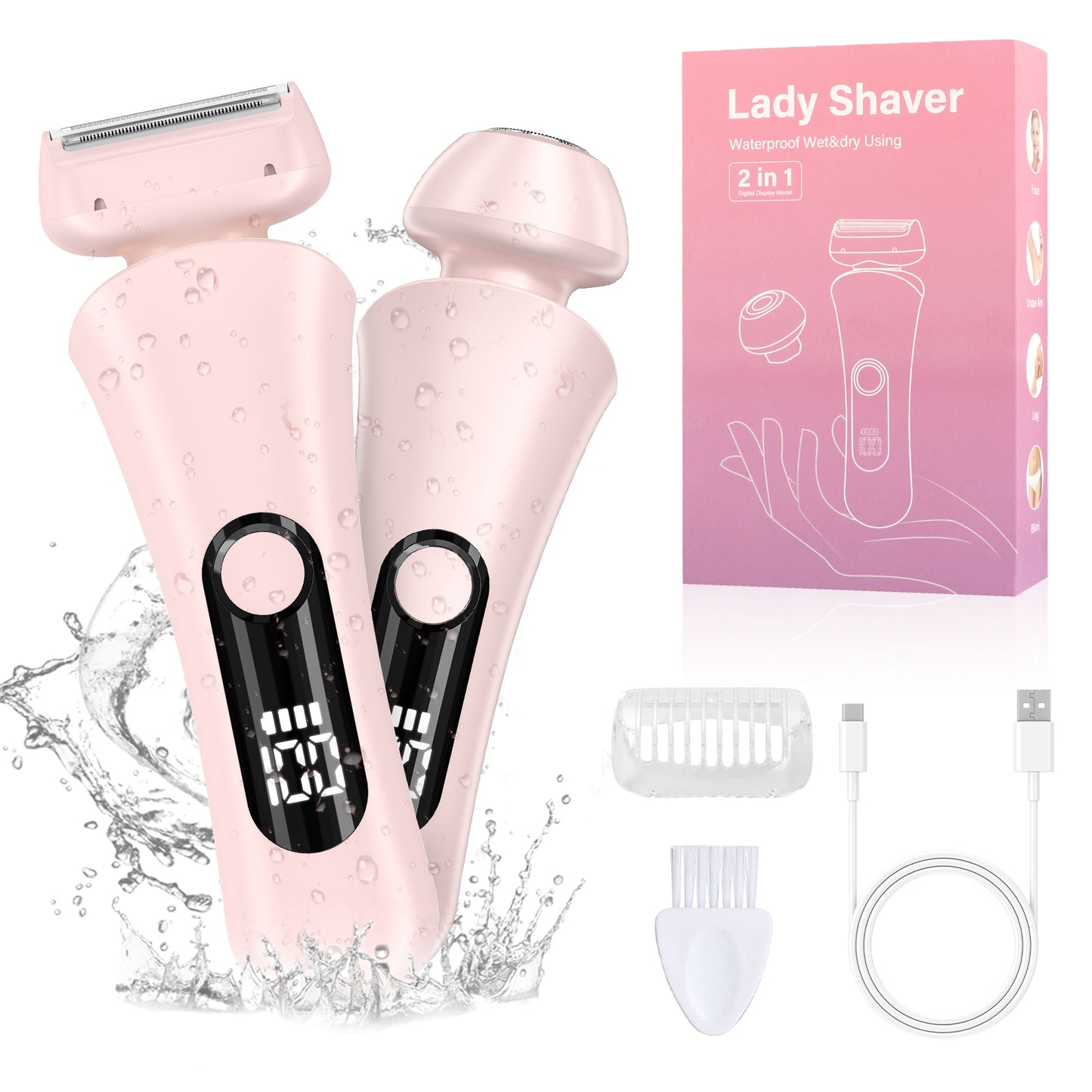 Electric Razors Shaver for Women for Legs, 2 in 1 Bikini Trimmer With Stand for Women Underarm Pubic Hairs, Rechargeable & IPX7 Waterproof Womens Shaver Cordless with Detachable Head, Wet Dry Use(Pink)