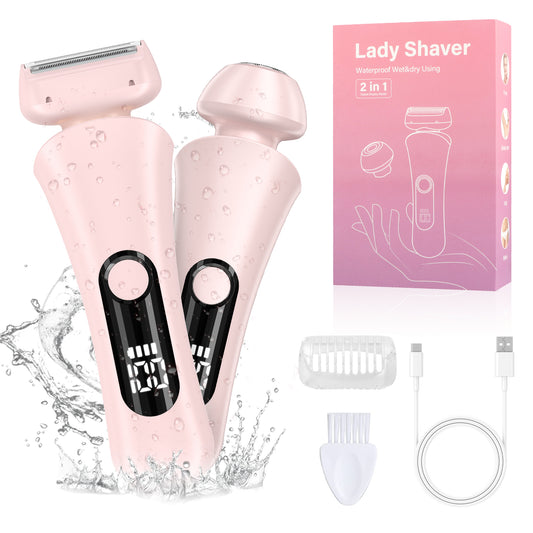 Electric Razors Shaver for Women for Legs, 2 in 1 Bikini Trimmer With Stand for Women Underarm Pubic Hairs, Rechargeable & IPX7 Waterproof Womens Shaver Cordless with Detachable Head, Wet Dry Use(Pink)