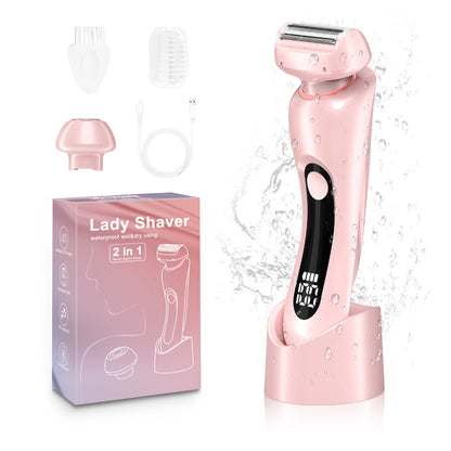 Electric Razors Shaver for Women for Legs, 2 in 1 Bikini Trimmer With Stand for Women Underarm Pubic Hairs, Rechargeable & IPX7 Waterproof Womens Shaver Cordless with Detachable Head, Wet Dry Use