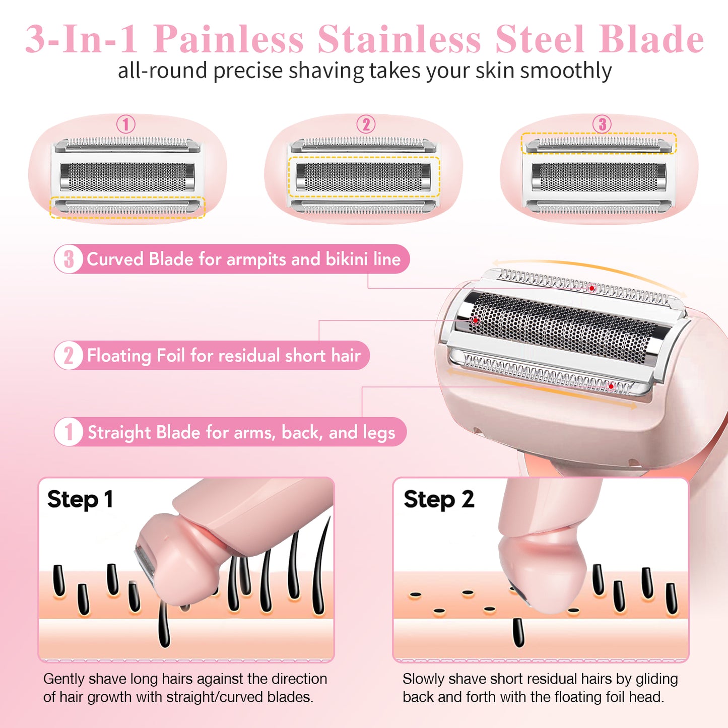 Electric Razors Shaver for Women for Legs, 2 in 1 Bikini Trimmer With Stand for Women Underarm Pubic Hairs, Rechargeable & IPX7 Waterproof Womens Shaver Cordless with Detachable Head, Wet Dry Use