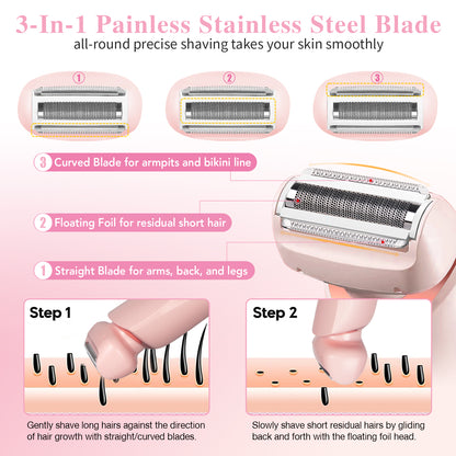 Electric Razors Shaver for Women for Legs, 2 in 1 Bikini Trimmer With Stand for Women Underarm Pubic Hairs, Rechargeable & IPX7 Waterproof Womens Shaver Cordless with Detachable Head, Wet Dry Use
