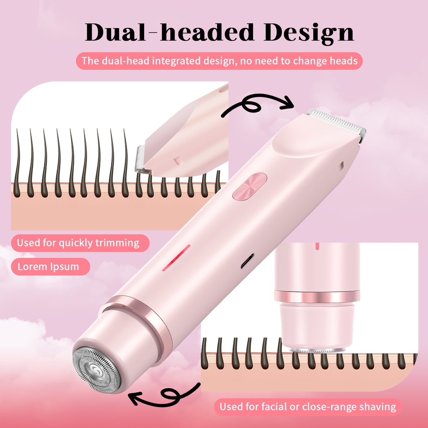 Bikini Trimmer for Women, Dual-Head Women's Electric Shaver with Ceramic Blades, 2-in-1 Electric Razors for Women's Pubic Hair, Legs/Arms/Underarms/Face, IPX7 Waterproof Wet & Dry Use