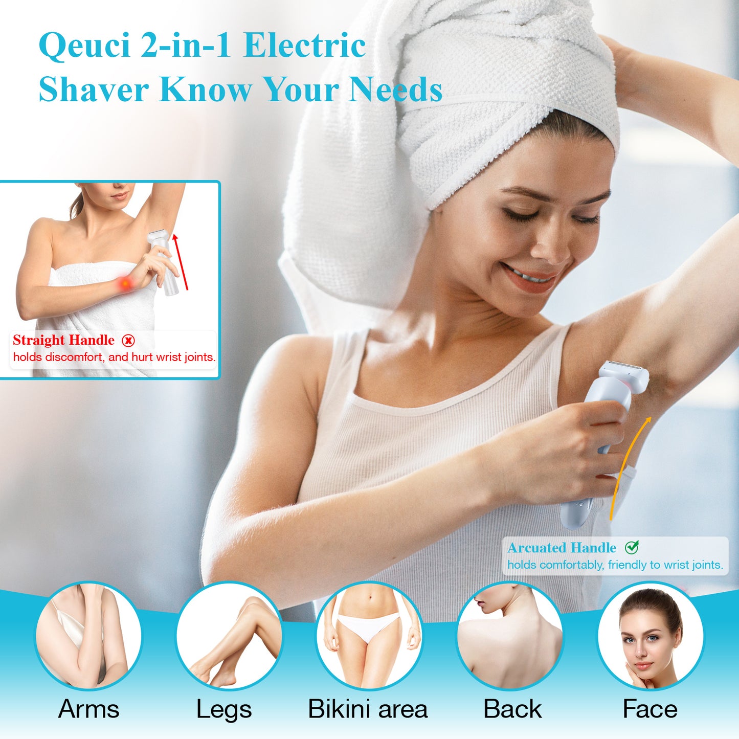 Electric Razors for Women for Legs, 2 in 1 Womens Electric Shaver Razor Wet Dry Use for Arm Face Pubic Area, IPX7 Waterproof Cordless Hair Remover Bikini Trimmer with Detachable Head