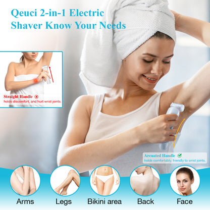 Electric Razors for Women for Legs, 2 in 1 Womens Electric Shaver Razor Wet Dry Use for Arm Face Pubic Area, IPX7 Waterproof Cordless Hair Remover Bikini Trimmer with Detachable Head