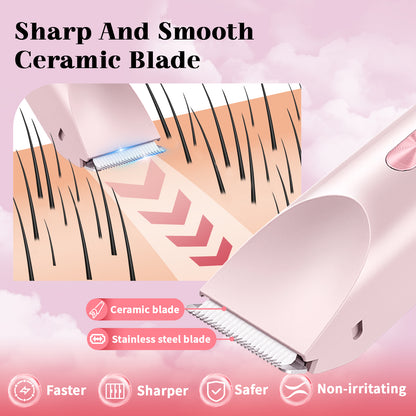 Bikini Trimmer for Women, Dual-Head Women's Electric Shaver with Ceramic Blades, 2-in-1 Electric Razors for Women's Pubic Hair, Legs/Arms/Underarms/Face, IPX7 Waterproof Wet & Dry Use