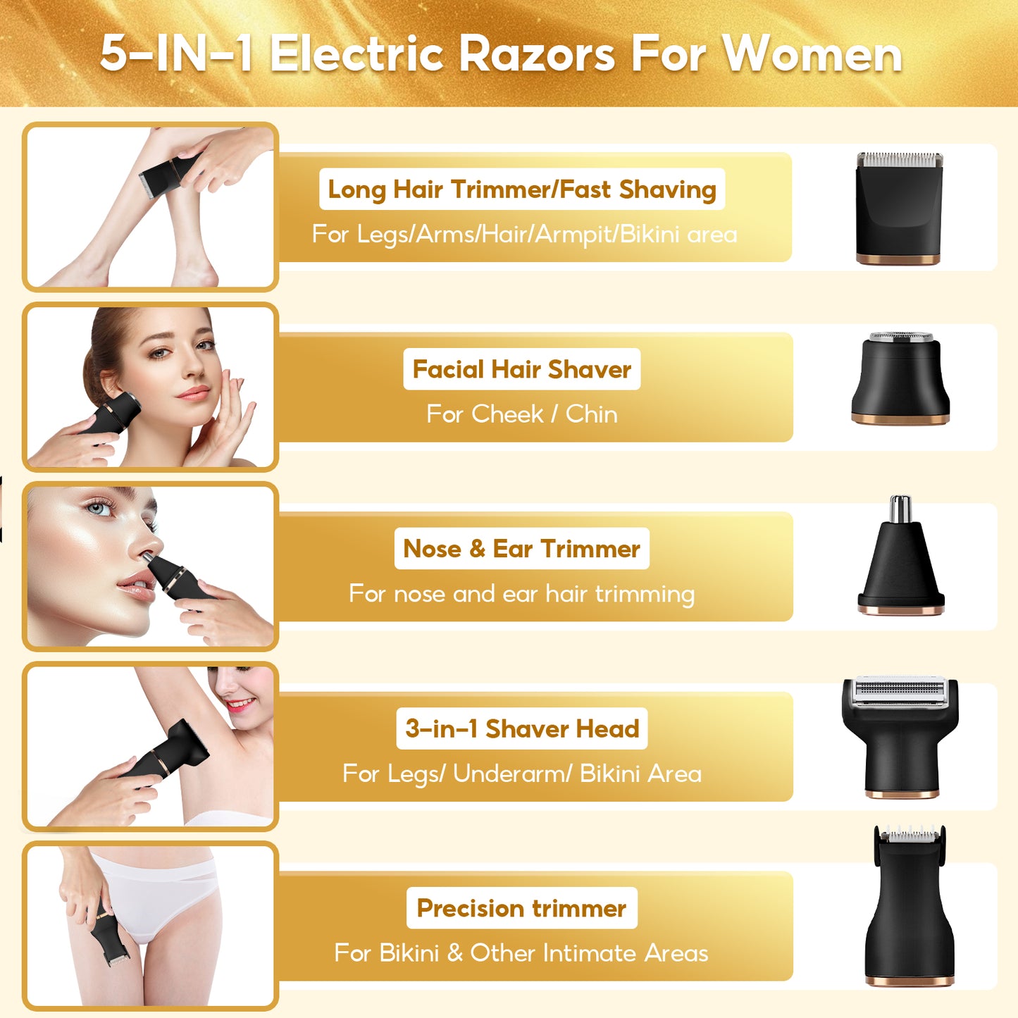 5-in-1 Electric Razors for Women, Women's Electric Shaver with Ceramic Blade & USB Charge Dock, Rechargeable Bikini Trimmer for Face Nose Underarm Arm Legs, Wet & Dry, Detachable Head (Black)