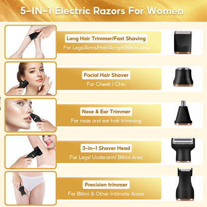 5-in-1 Electric Razors for Women, Women's Electric Shaver with Ceramic Blade & USB Charge Dock, Rechargeable Bikini Trimmer for Face Nose Underarm Arm Legs, Wet & Dry, Detachable Head (Black)