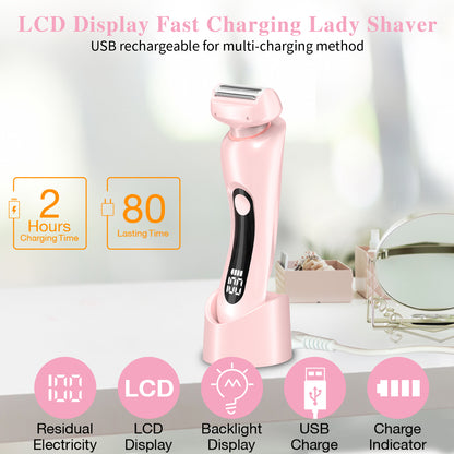 Electric Razors Shaver for Women for Legs, 2 in 1 Bikini Trimmer With Stand for Women Underarm Pubic Hairs, Rechargeable & IPX7 Waterproof Womens Shaver Cordless with Detachable Head, Wet Dry Use
