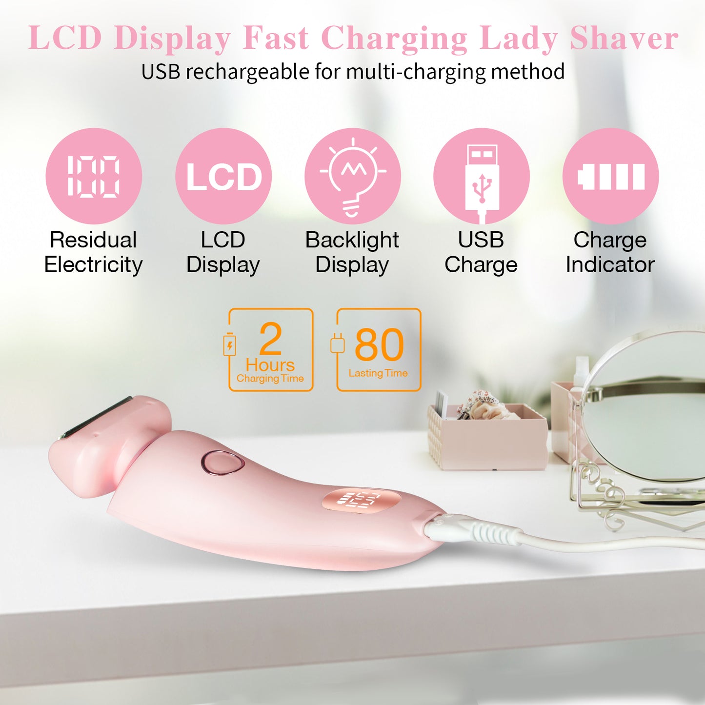 2-in-1 Electric Razor for Women – Cordless Face, Body & Bikini Trimmer (Pink, Waterproof)