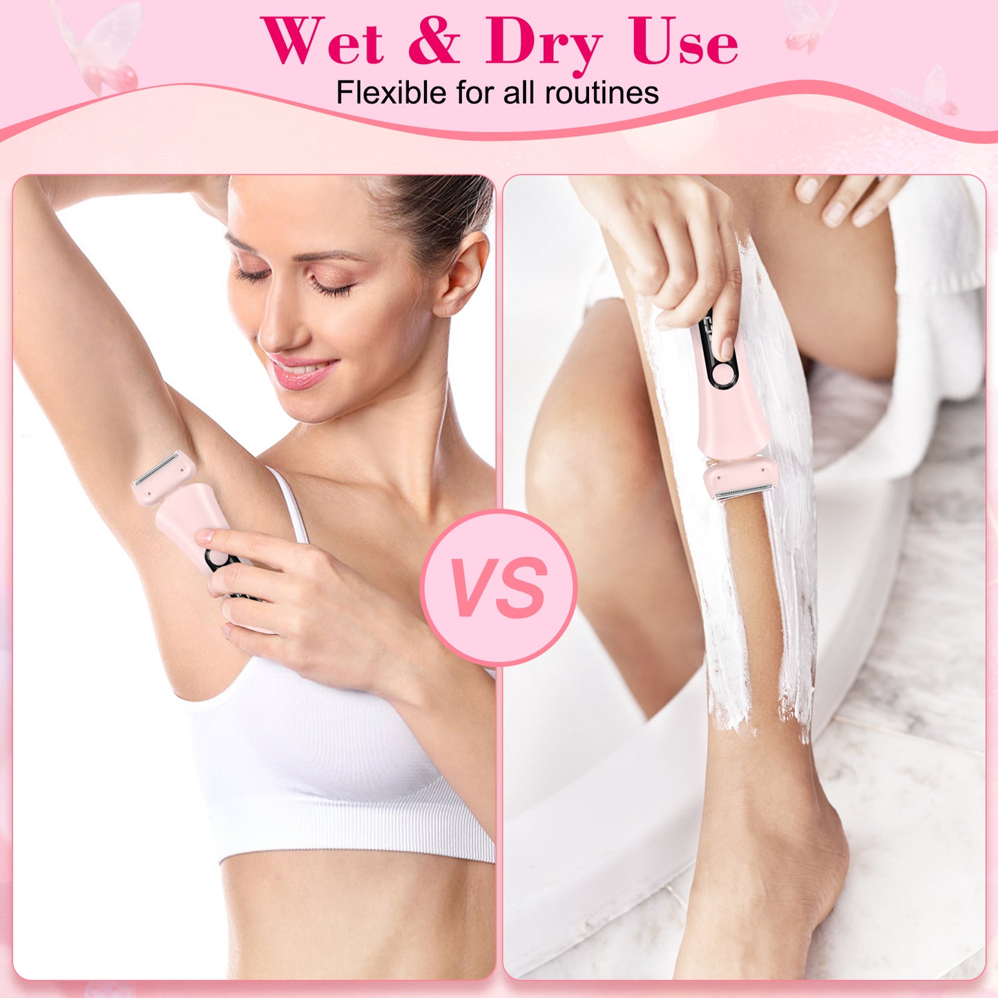 Electric Razors Shaver for Women for Legs, 2 in 1 Bikini Trimmer With Stand for Women Underarm Pubic Hairs, Rechargeable & IPX7 Waterproof Womens Shaver Cordless with Detachable Head, Wet Dry Use(Pink)