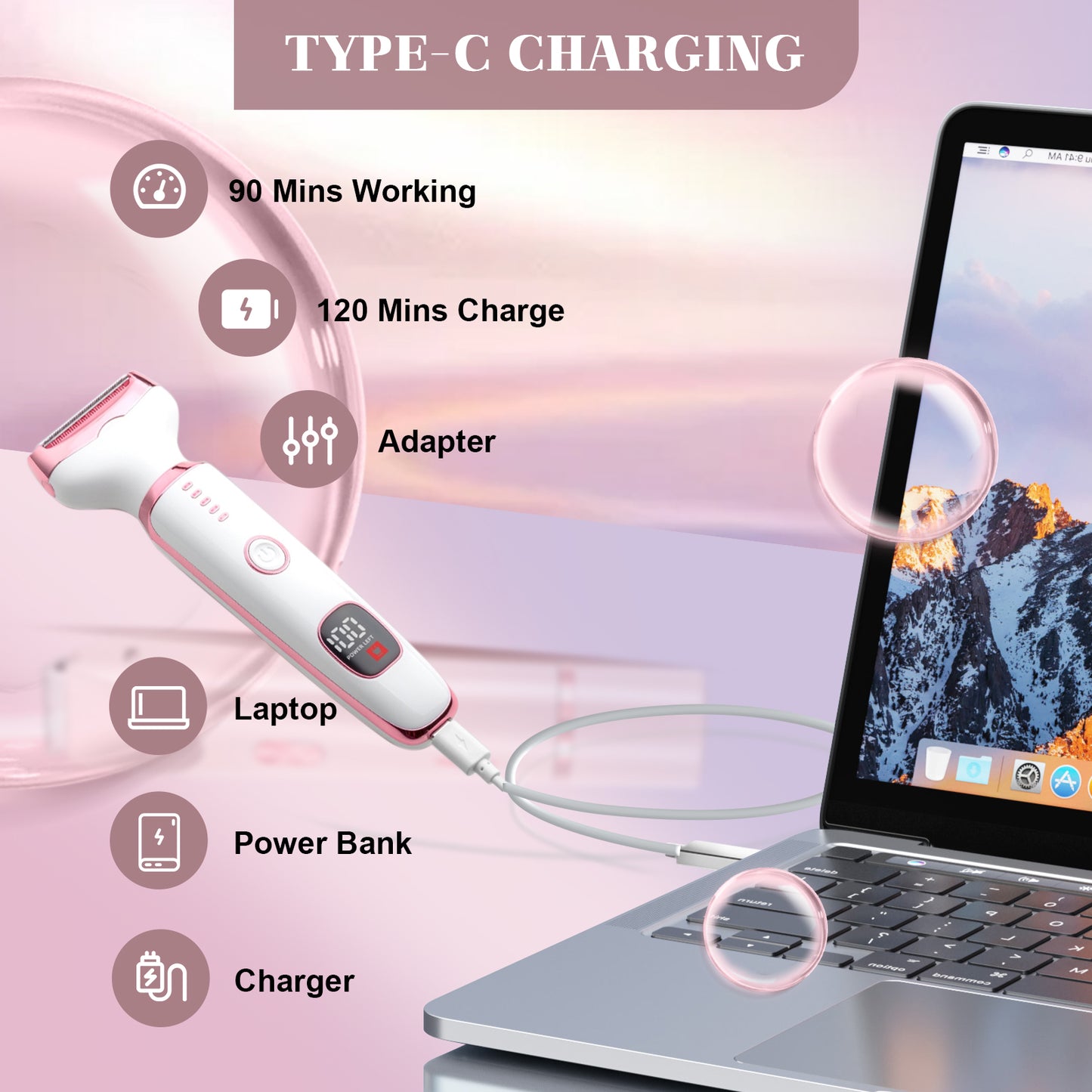Electric Shaver for Women, 5-in-1 Painless Electric Razors for Womens Legs Underarm Face Nose Pubic Area, Rechargeable Bikini Trimmer With Detachable Head,Cordless Facial Hair Remover, Dry Use