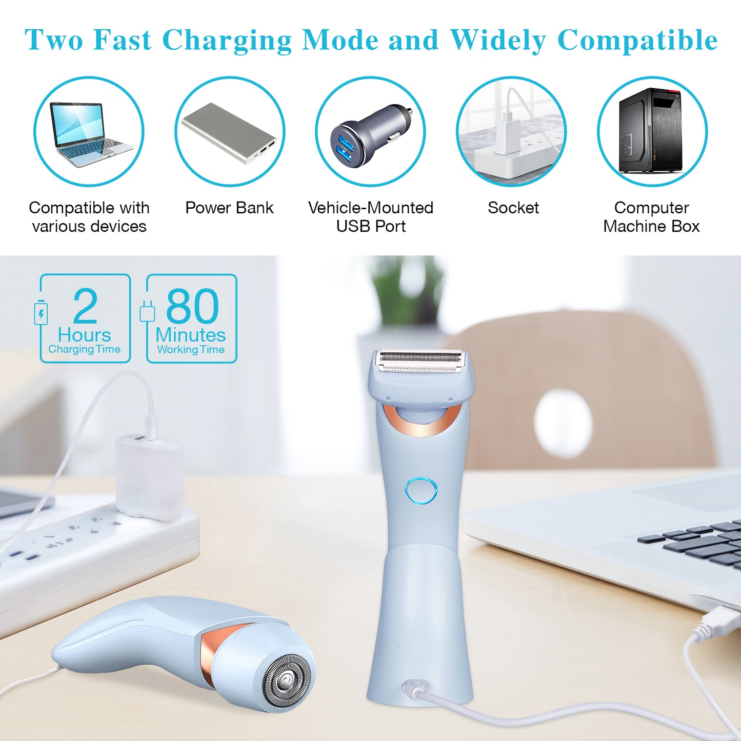 Electric Razors for Women for Legs, 2 in 1 Womens Electric Shaver Razor Wet Dry Use for Arm Face Pubic Area, IPX7 Waterproof Cordless Hair Remover Bikini Trimmer with Detachable Head