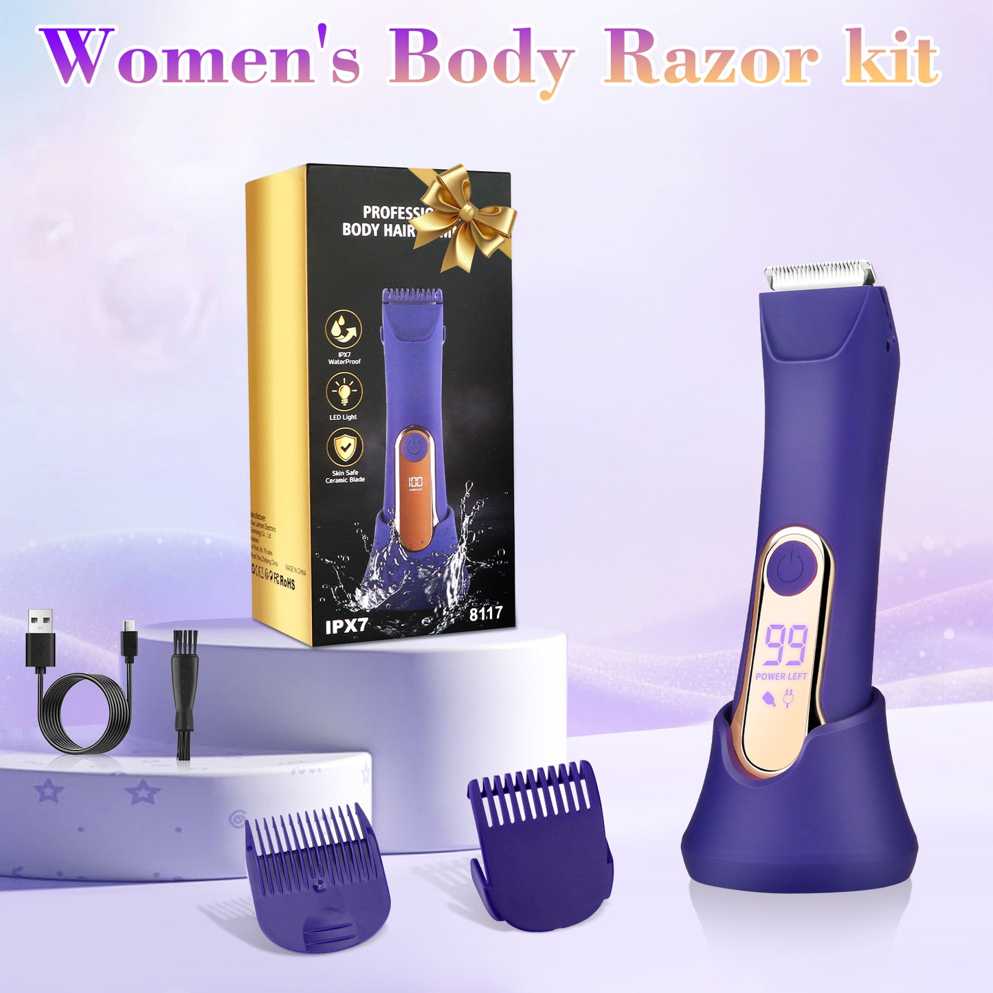 Women's Bikini Trimmer – Painless Electric Razor with LED Light & USB Charging Dock