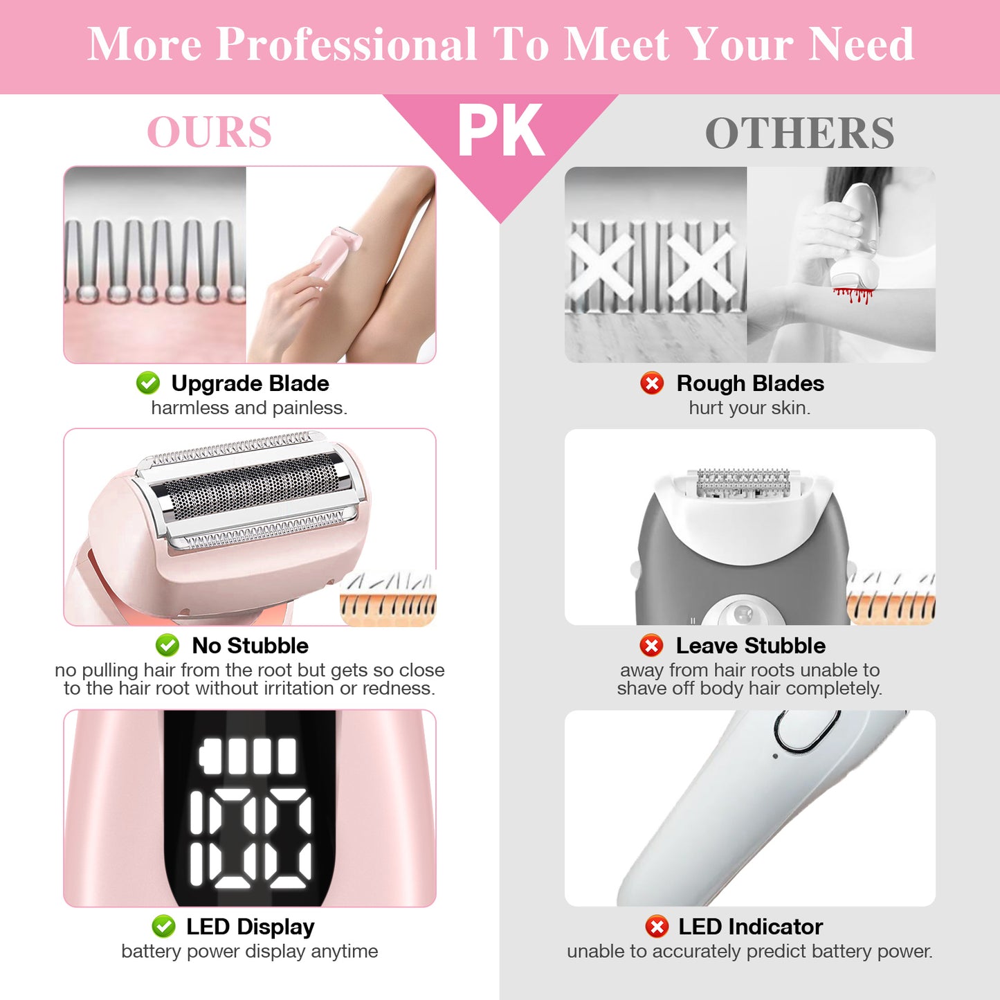 Electric Razors Shaver for Women for Legs, 2 in 1 Bikini Trimmer With Stand for Women Underarm Pubic Hairs, Rechargeable & IPX7 Waterproof Womens Shaver Cordless with Detachable Head, Wet Dry Use