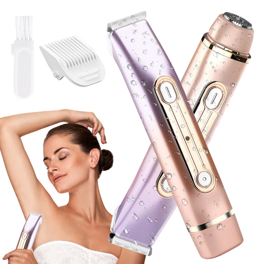 Bikini Trimmer for Women,Electric Shaver with 2 in 1 Dual Head for Pubic Hair, Womens Razor for Bikini Underarm Legs Body Face, USB Rechargeable, Easy Cleaning Waterproof Wet & Dry (Pink)